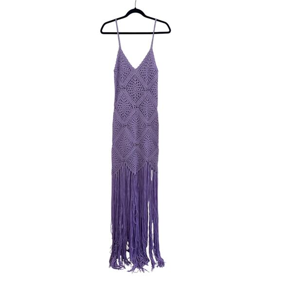 Line and Dot Purple Crochet Knit Mermaid Fringe Maxi Dress Womens Sz Small Boho - Picture 1 of 16